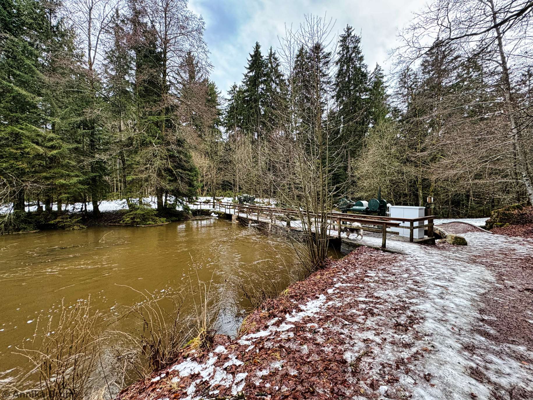 Q geht über den Staudamm über den Saußbach